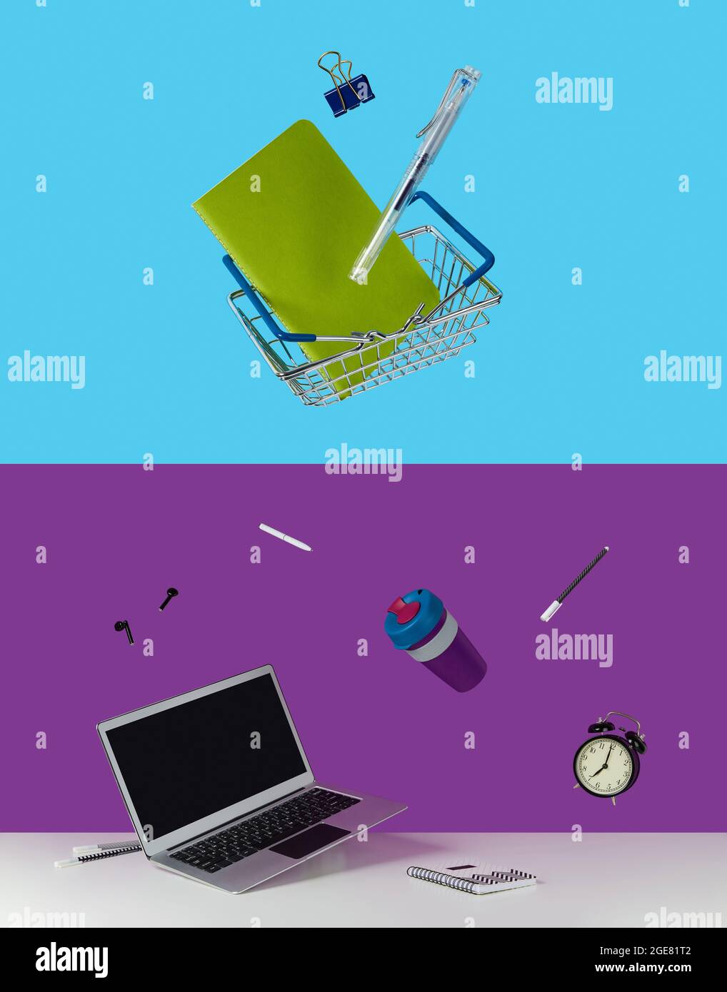Collage con cancelleria forniture per ufficio levitazione. Concetto di ritorno a scuola Foto Stock