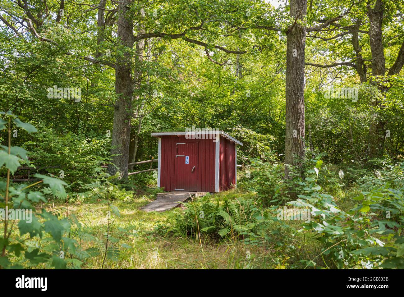Vista dei servizi igienici pubblici nella foresta vicino al luogo di nuoto. Svezia. Foto Stock