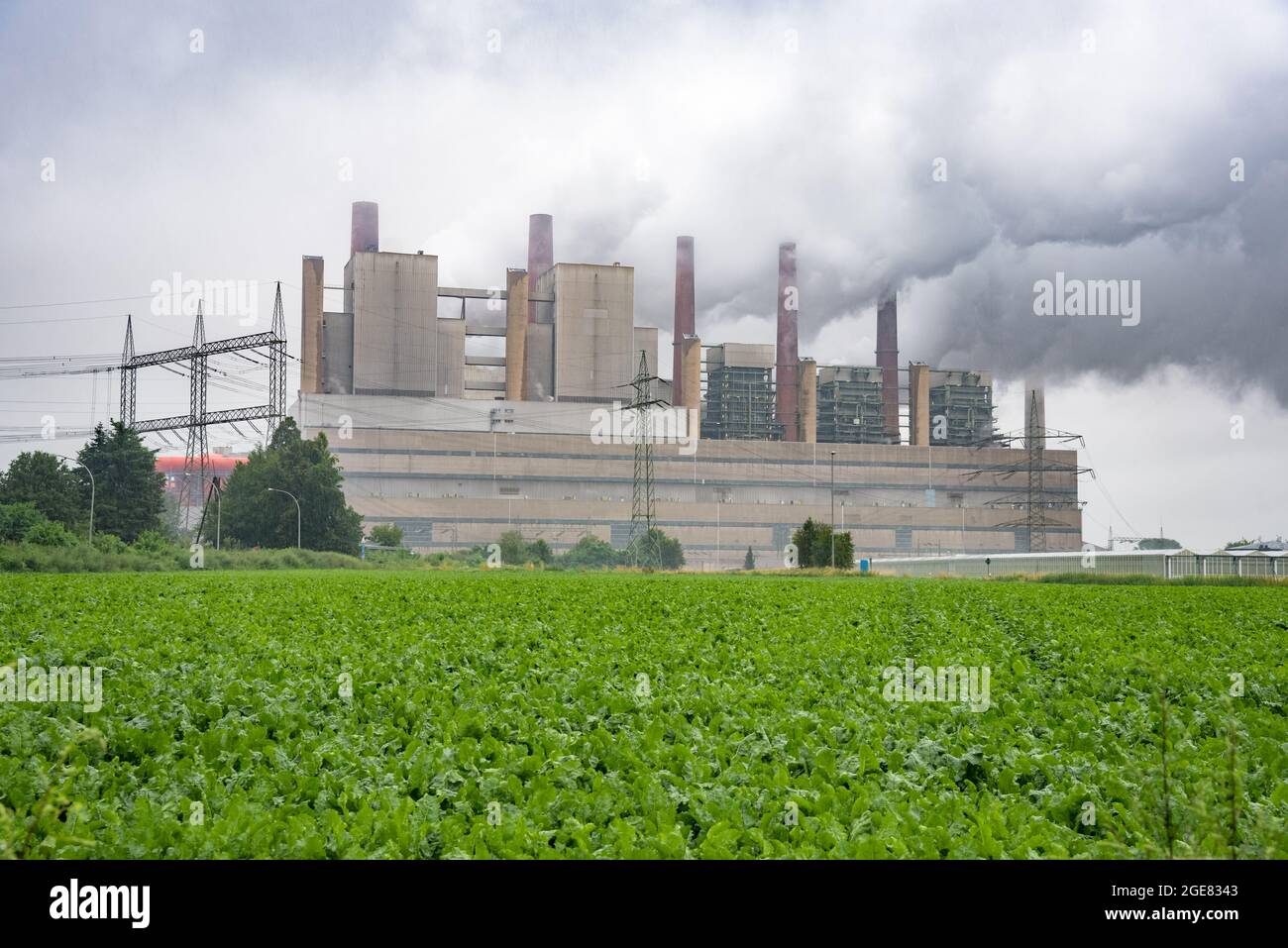 Centrale elettrica a carbone in campagna con pioggia torrenziale. Un campo coltivato è in primo piano. Concetto di inquinamento. Foto Stock