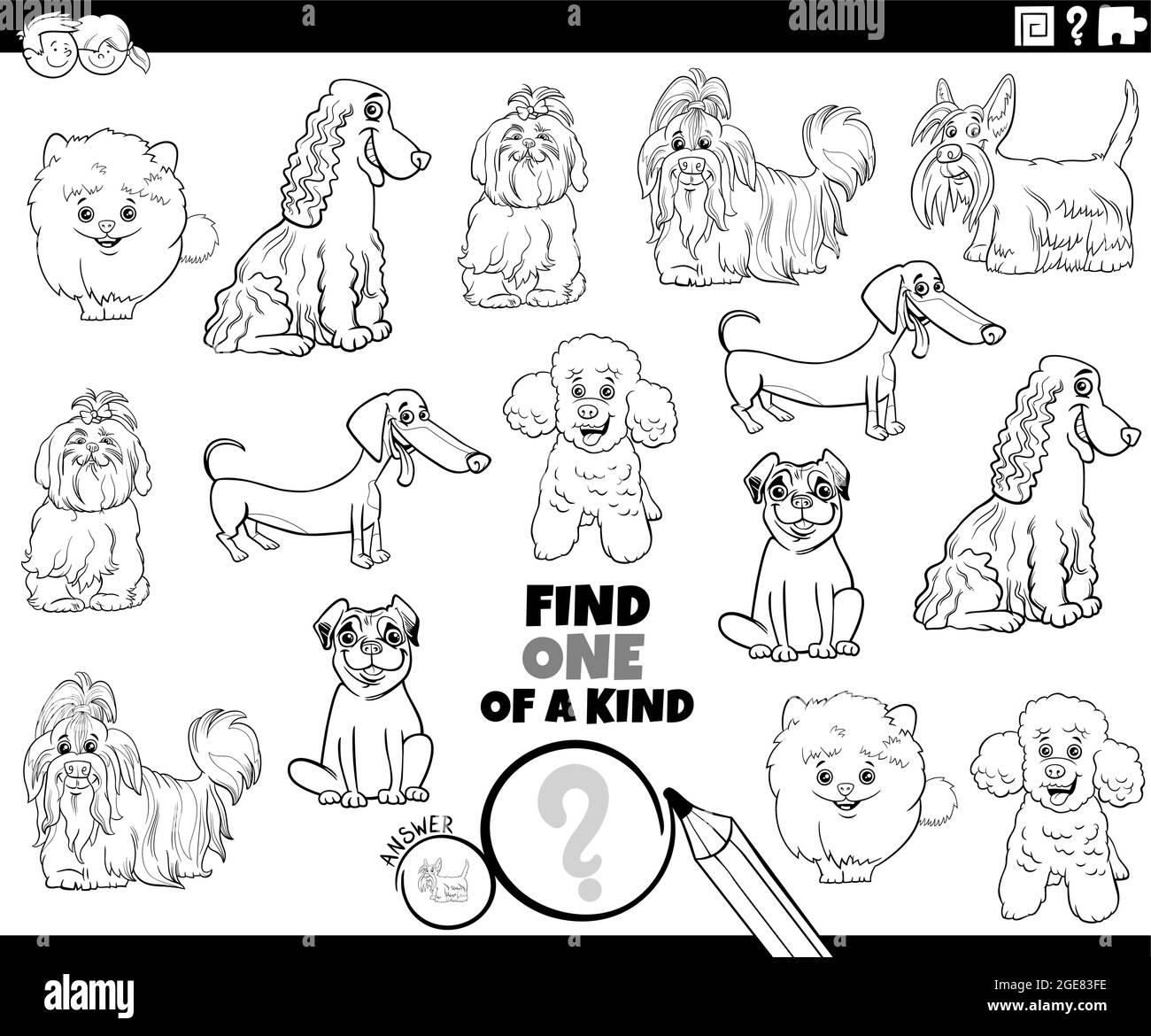 Illustrazione cartoon bianco e nero di trovare uno di un genere gioco educativo di immagine con divertenti cani purebred animali personaggi colorare pagina del libro Illustrazione Vettoriale