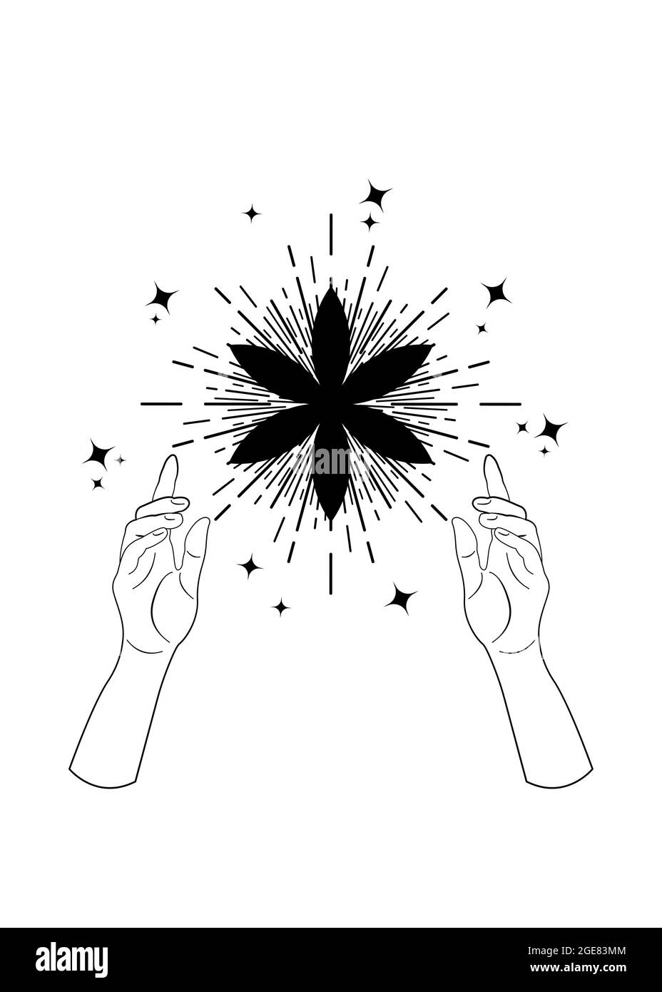 Seme di vita simbolo con le mani, geometria Sacra. Icona tatuaggio nero con logo stile boho. mistico geometrico loto di alchimia esoterico Fiore di vita con raggio Illustrazione Vettoriale