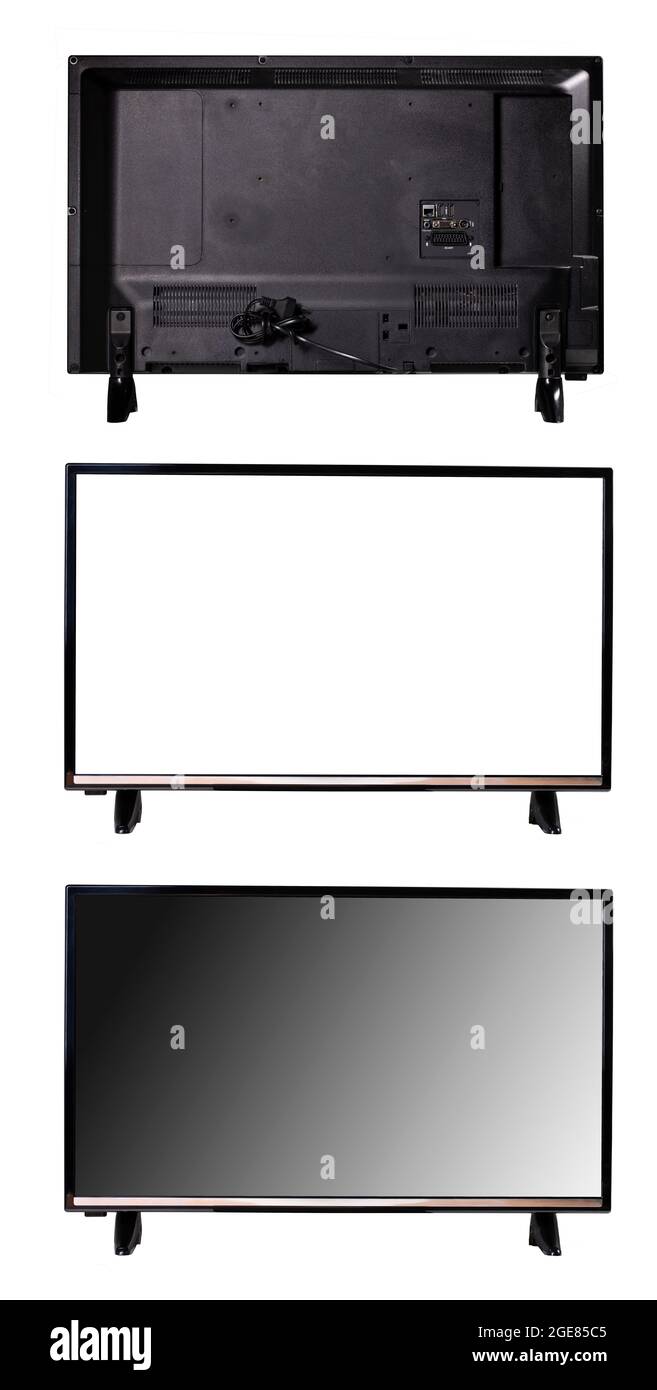 TV LCD su sfondo bianco. Parte anteriore e posteriore di una TV domestica. Sfondo isolato. Foto Stock