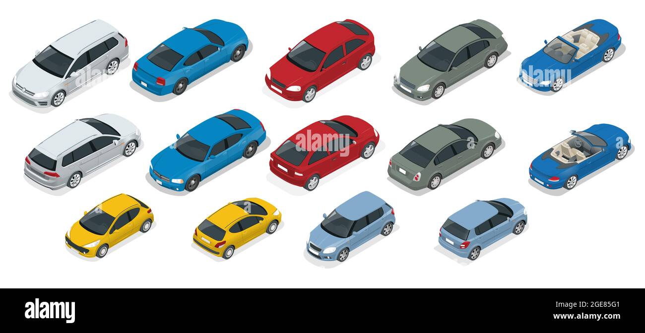 set di icone isometriche per auto di trasporto urbano di alta qualità. Set di icone piatte vettoriali per il trasporto urbano, urbano e di veicoli. Illustrazione Vettoriale