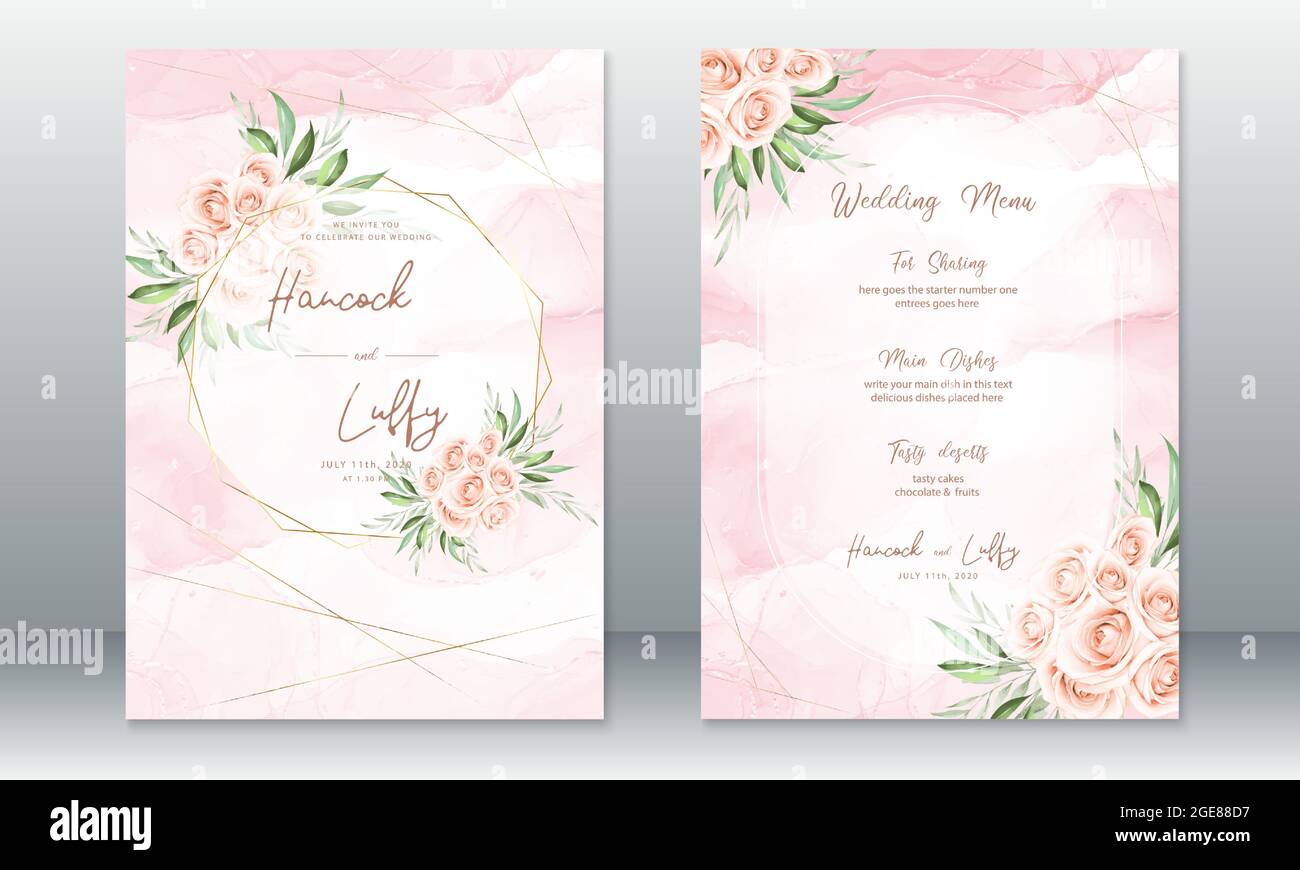 Modello di biglietto di invito per matrimoni di lusso. Elegante sfondo rosa con cornice dorata e bouquet di rose. Illustrazione vettoriale.Eps10 Illustrazione Vettoriale