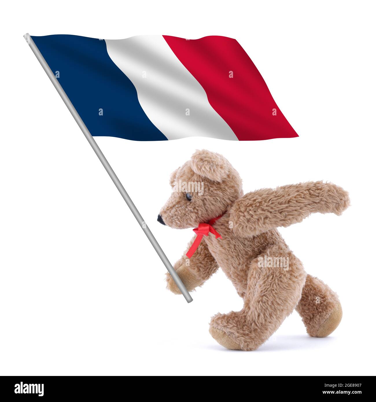 Bandiera francese trasportata da un grazioso orsacchiotto Foto Stock
