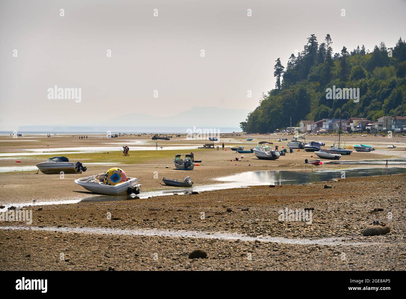 Point Roberts, Washington state, USA – 29 luglio 2018. Maple Beach Point Roberts USA. Imbarcazioni ricreazione spiaggiate sulle sbarre di sabbia di Boundary Bay a basso Foto Stock