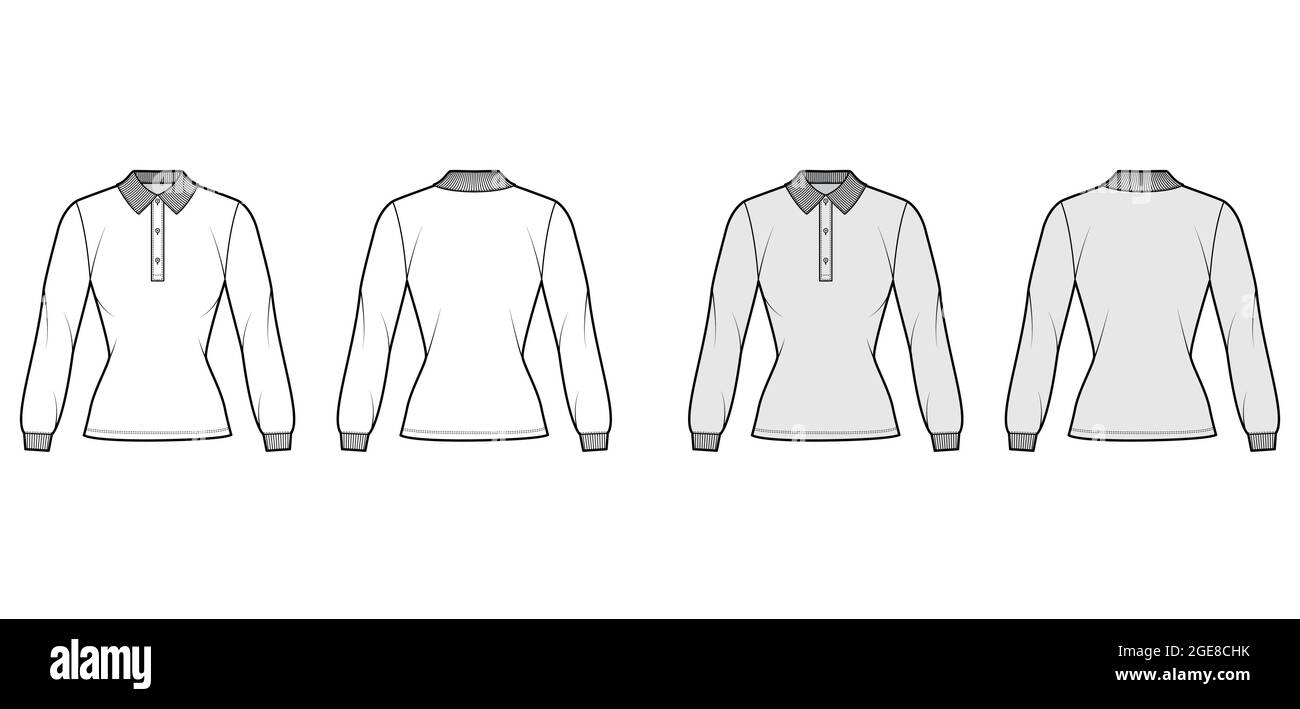Polo camicia corpo completo illustrazione tecnica moda con maniche lunghe, lunghezza tuniche, collo a bottone henley, colletto a maglia piatta. Outwear top di abbigliamento con dima anteriore, posteriore, bianco, grigio. Donne uomini CAD Illustrazione Vettoriale