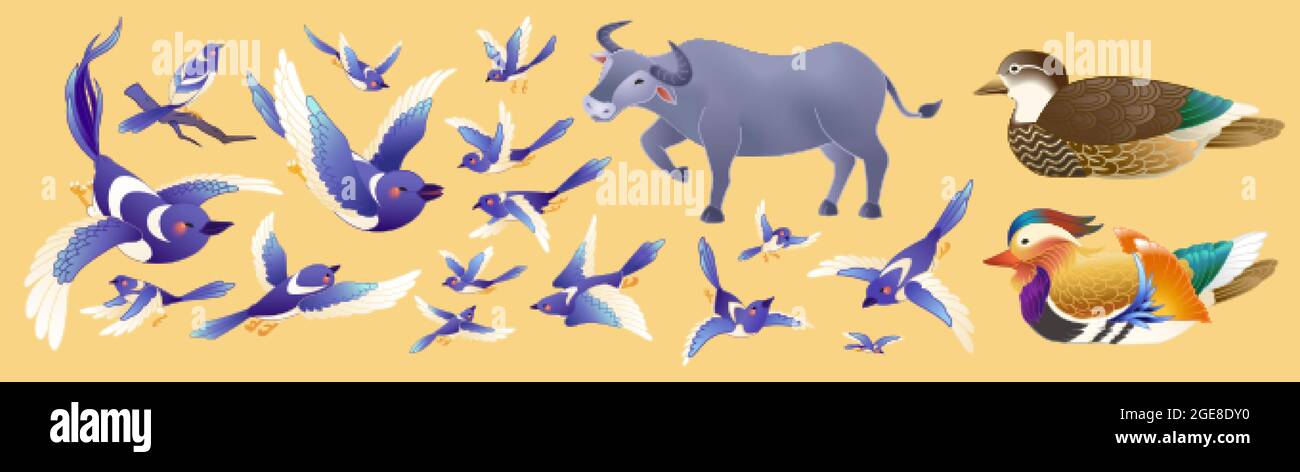 Blue magpie e gli animali per il Qixi Festival. I personaggi animali con diverse pose per la leggenda di San Valentino cinese su sfondo arancione Illustrazione Vettoriale