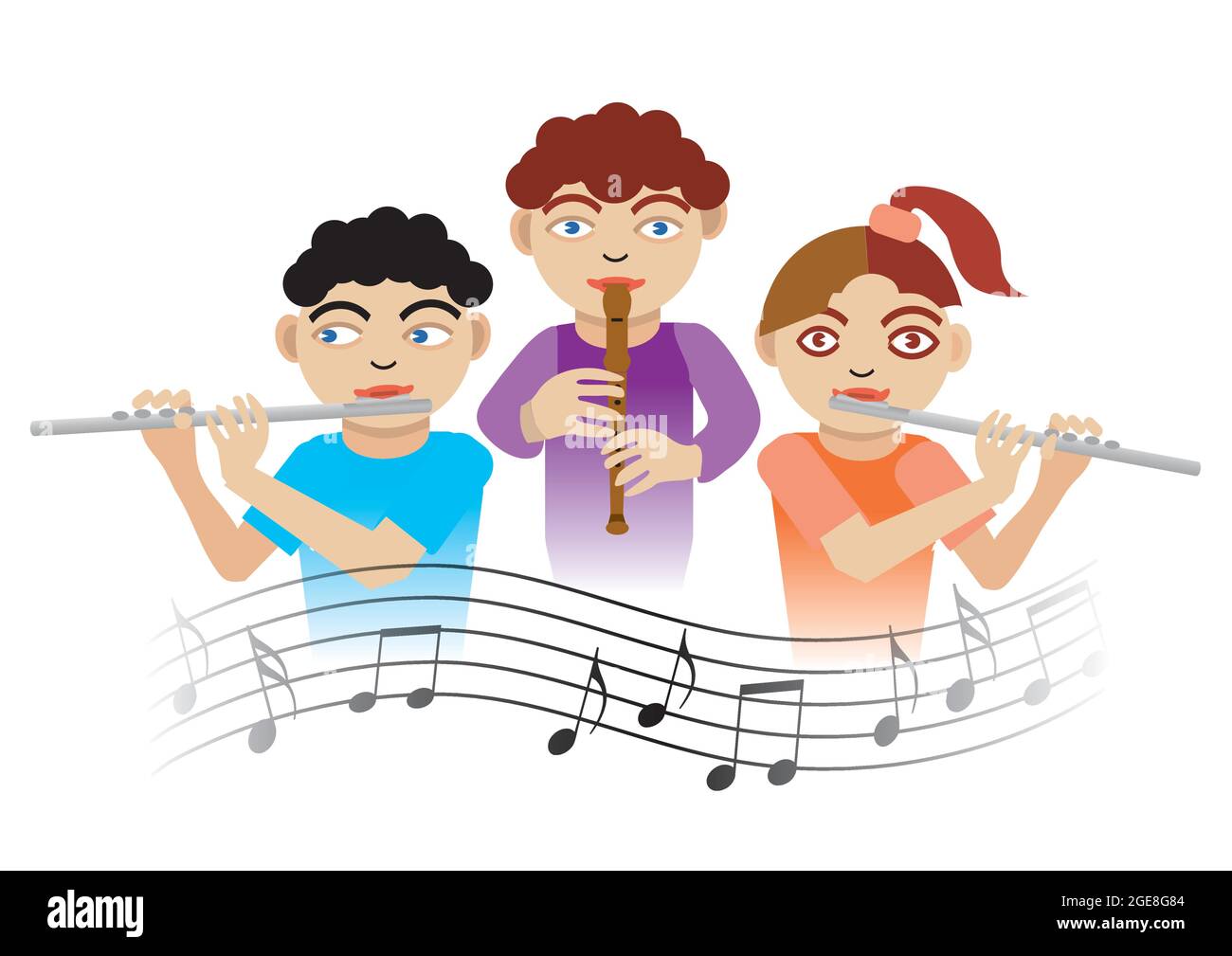 Bambini che giocano sul flauto. Illustrazione di tre bambini con flauto e note musicali.Vector disponibile Illustrazione Vettoriale