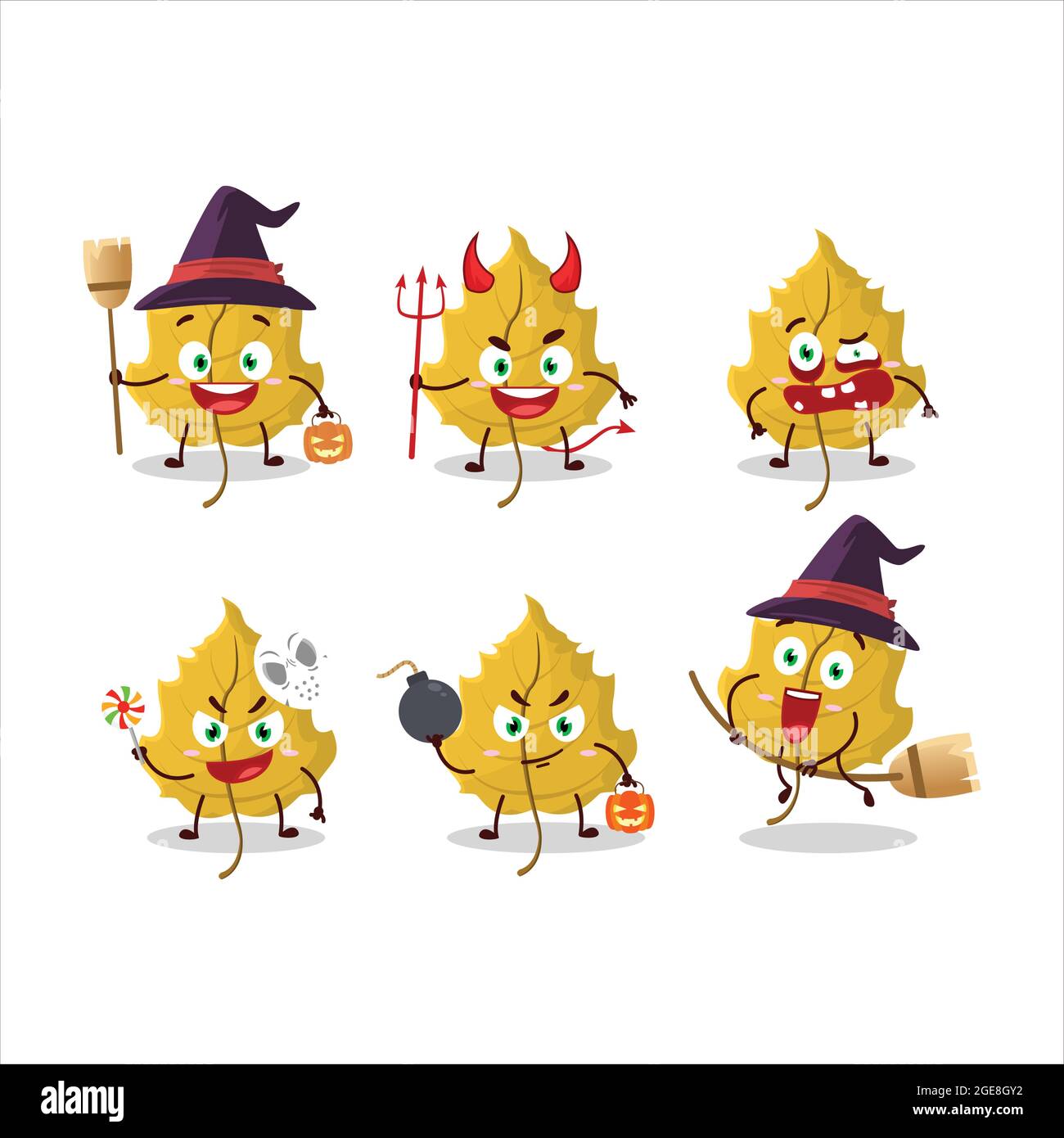 Emoticon di espressione di Halloween con carattere cartoon di foglia di nocciolo. Illustrazione vettoriale Illustrazione Vettoriale
