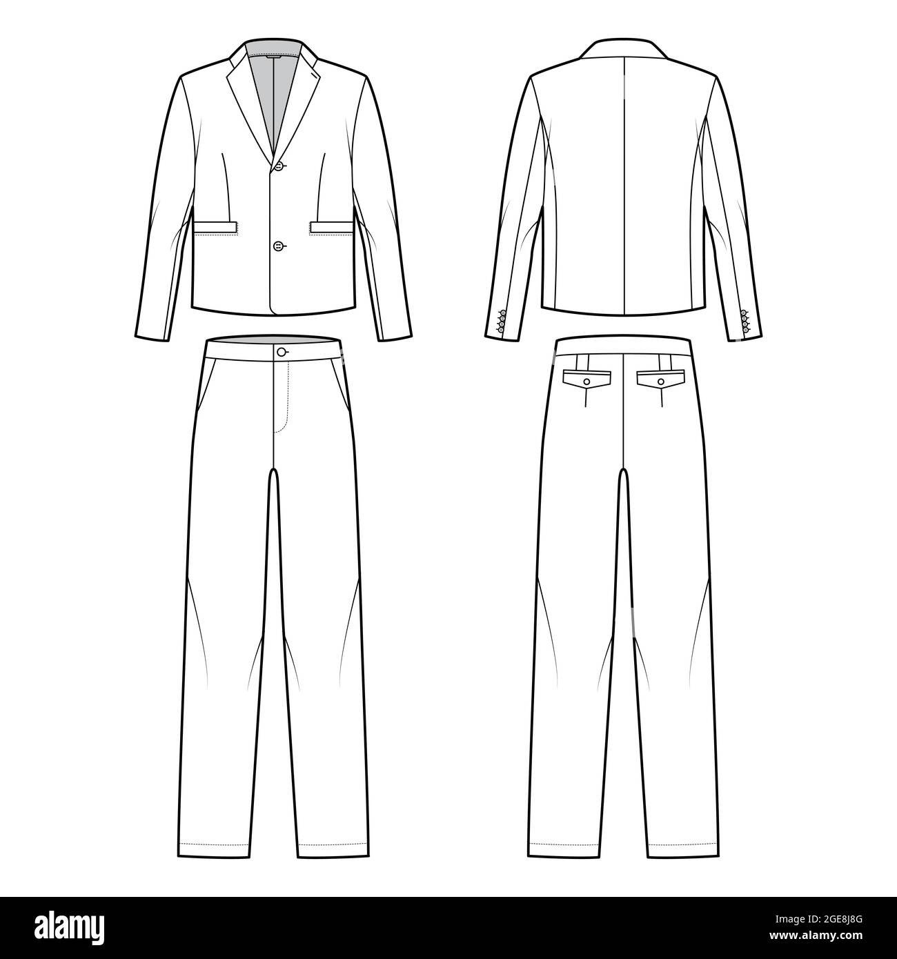 Set di due - tuta pezzo - pantaloni classici e giacca illustrazione tecnica moda con singolo tostato, maniche lunghe, oversize. Modello di abbigliamento piatto anteriore, posteriore, colore bianco. Donne uomini CAD mockup Illustrazione Vettoriale