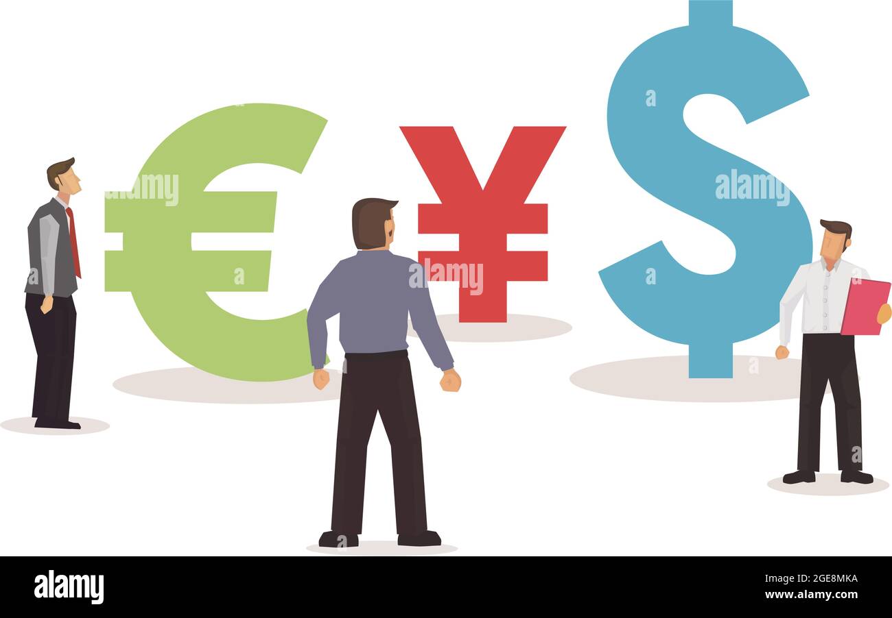 Gruppo di uomini d'affari che cercano e pensano con diversi simboli di valuta gigante. Il concetto di investimento valutario. Illustrazione vettoriale. Illustrazione Vettoriale