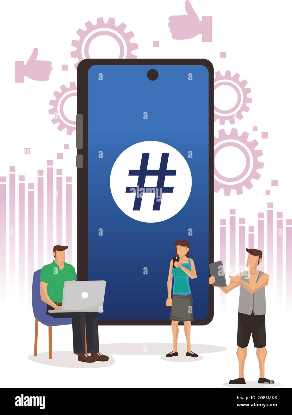Smartphone con hashtag, persone e social network. Illustrazione vettoriale, Illustrazione Vettoriale