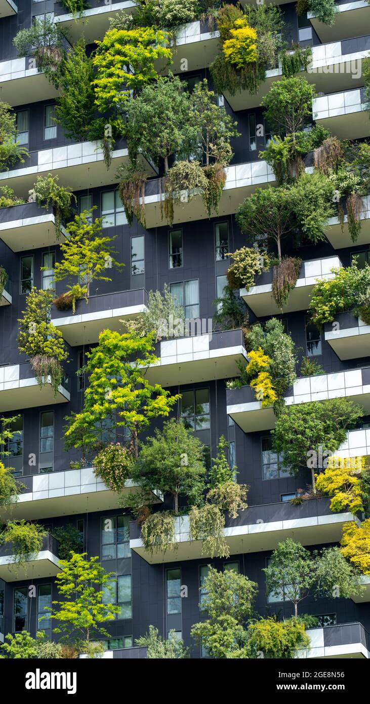 Milano, Italia. Bosco verticale, una vista ravvicinata sui moderni grattacieli ecologici con molti alberi su ogni balcone. Architettura moderna Foto Stock