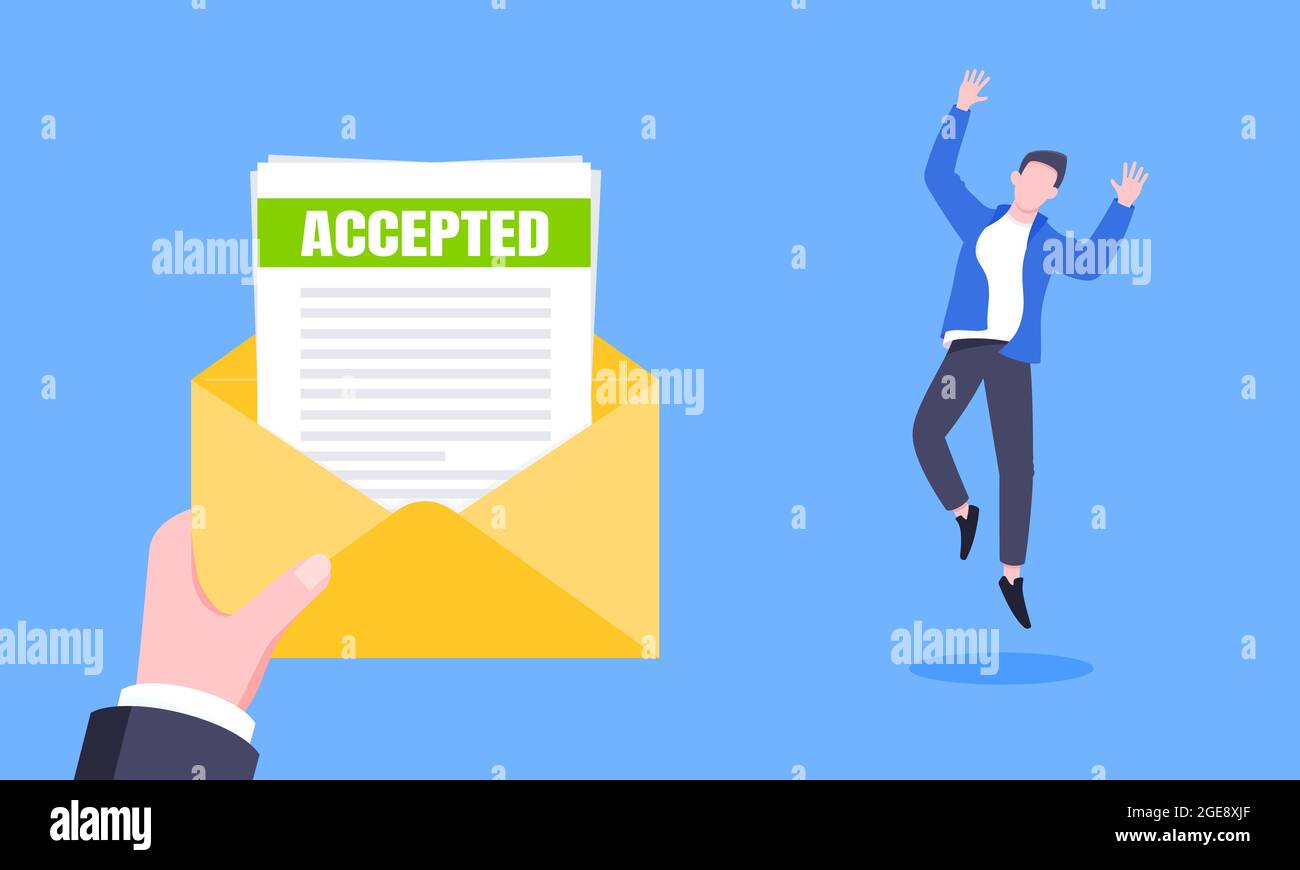 Lettera di accettazione del lavoro o dell'università con busta e fogli di carta documento e-mail. Illustrazione Vettoriale