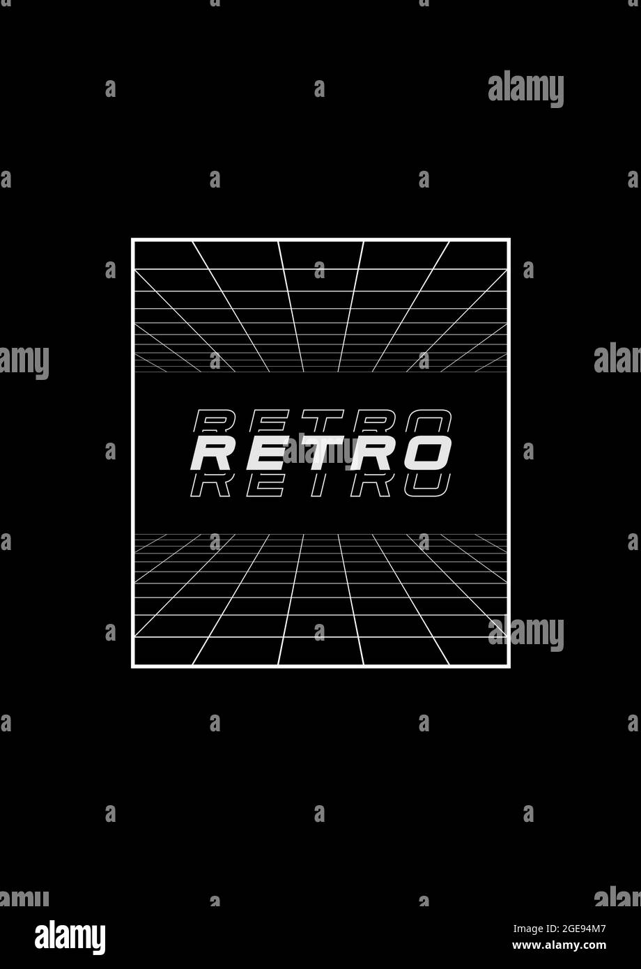T-shirt Retrowave e design di abbigliamento con griglie prospettiche che vanno all'orizzonte e iscrizione alla moda RETRO. Illustrazione dell'estetica degli anni '80 Illustrazione Vettoriale