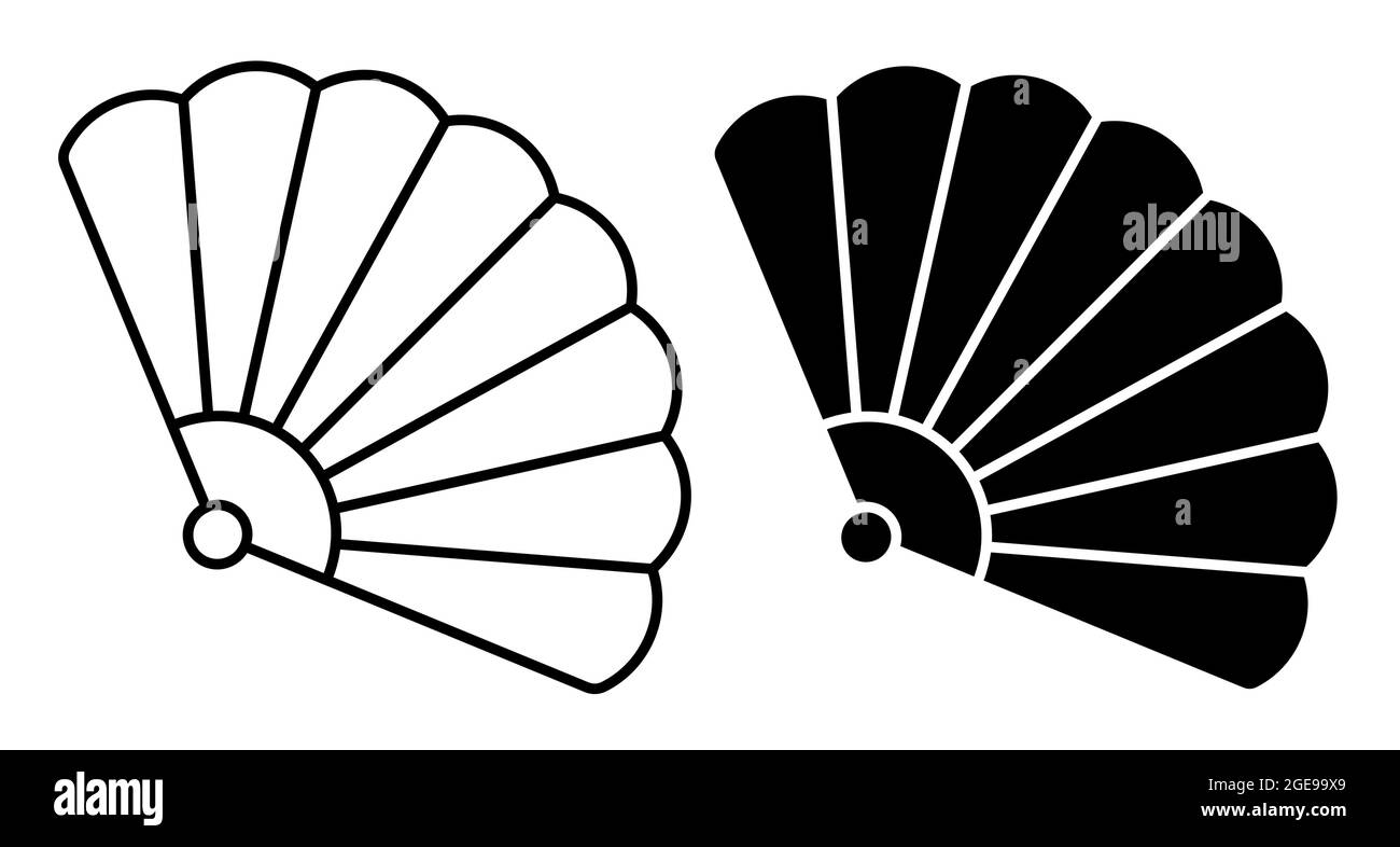 Icona lineare. Ventilatore teatrale. Femmina pieghevole ventilatore di geisha giapponese. Semplice vettore in bianco e nero isolato su sfondo bianco Illustrazione Vettoriale