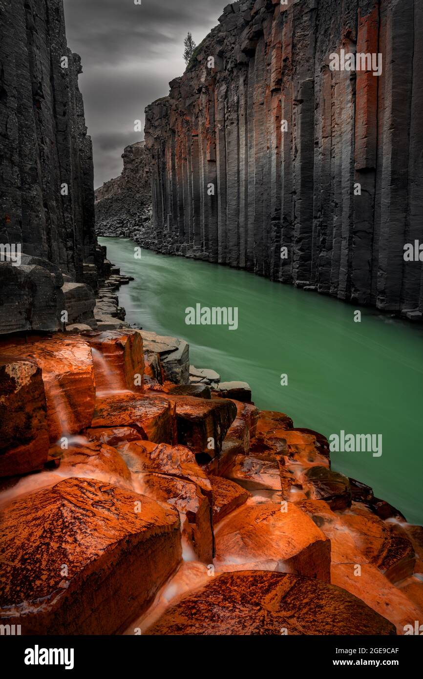 Studlagil Canyon con le sue impressionanti colonne basaltiche. Foto Stock