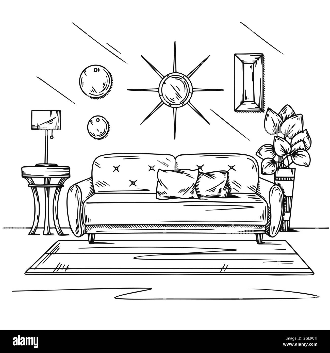 Disegno del salotto in nero su bianco. Disegno interno, divano, lampada e altri mobili. Illustrazione vettoriale Illustrazione Vettoriale