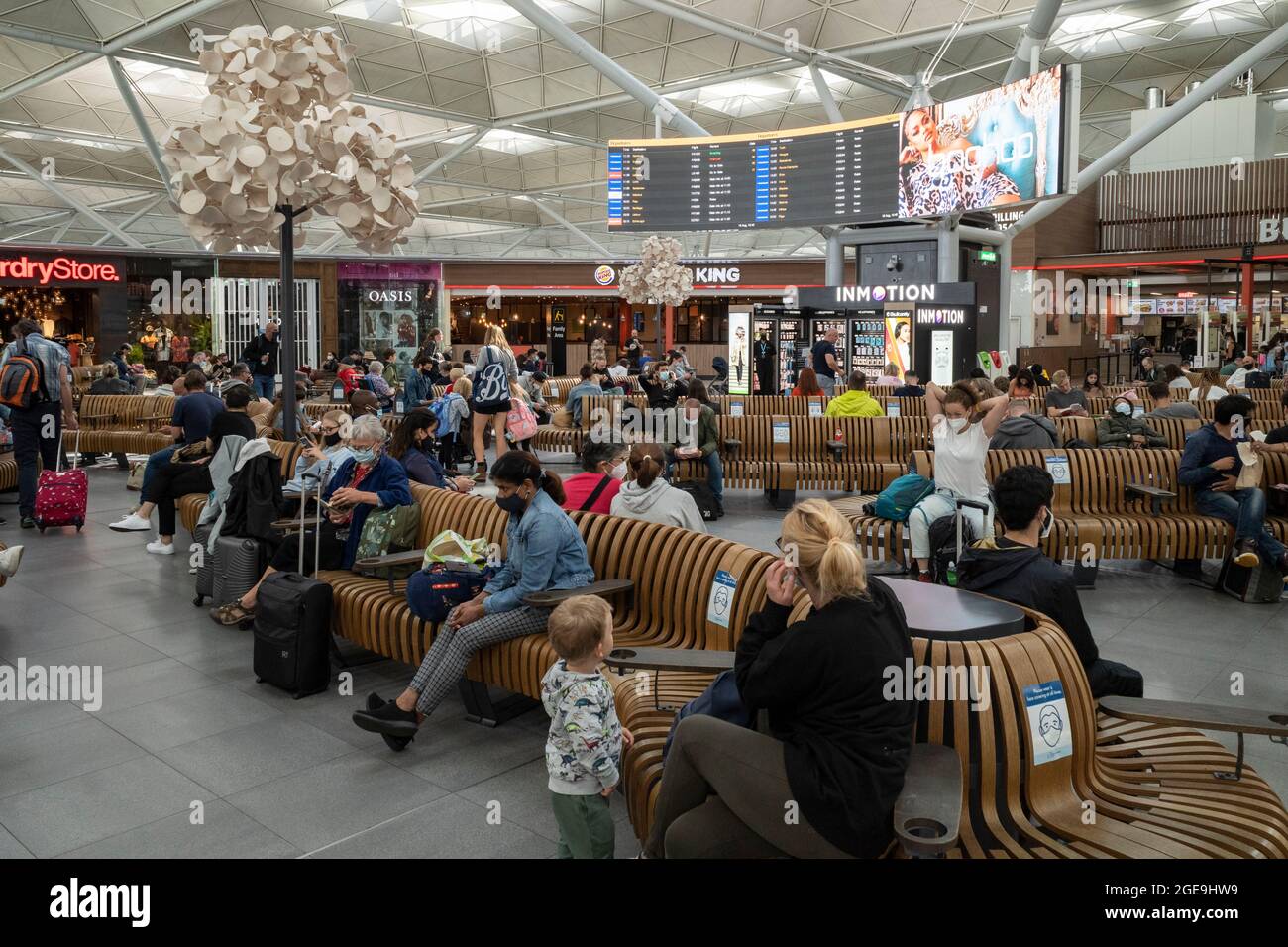 18 agosto 2021, Londra, Regno Unito. Un numero moderato di viaggiatori è visto passare attraverso le partenze all'aeroporto di Londra Stansted. Se da un lato lo status di doppia vaccinazione e il ‘Passo del Covid del NHS’ hanno reso i viaggi più semplici per alcuni, dall’altro c’è una forte frustrazione per quanto riguarda i costi e l’inefficienza dei test PCR privati obbligatori prima del volo. Londra, UK Credit: Joshua Windsor/Alamy Live News Foto Stock
