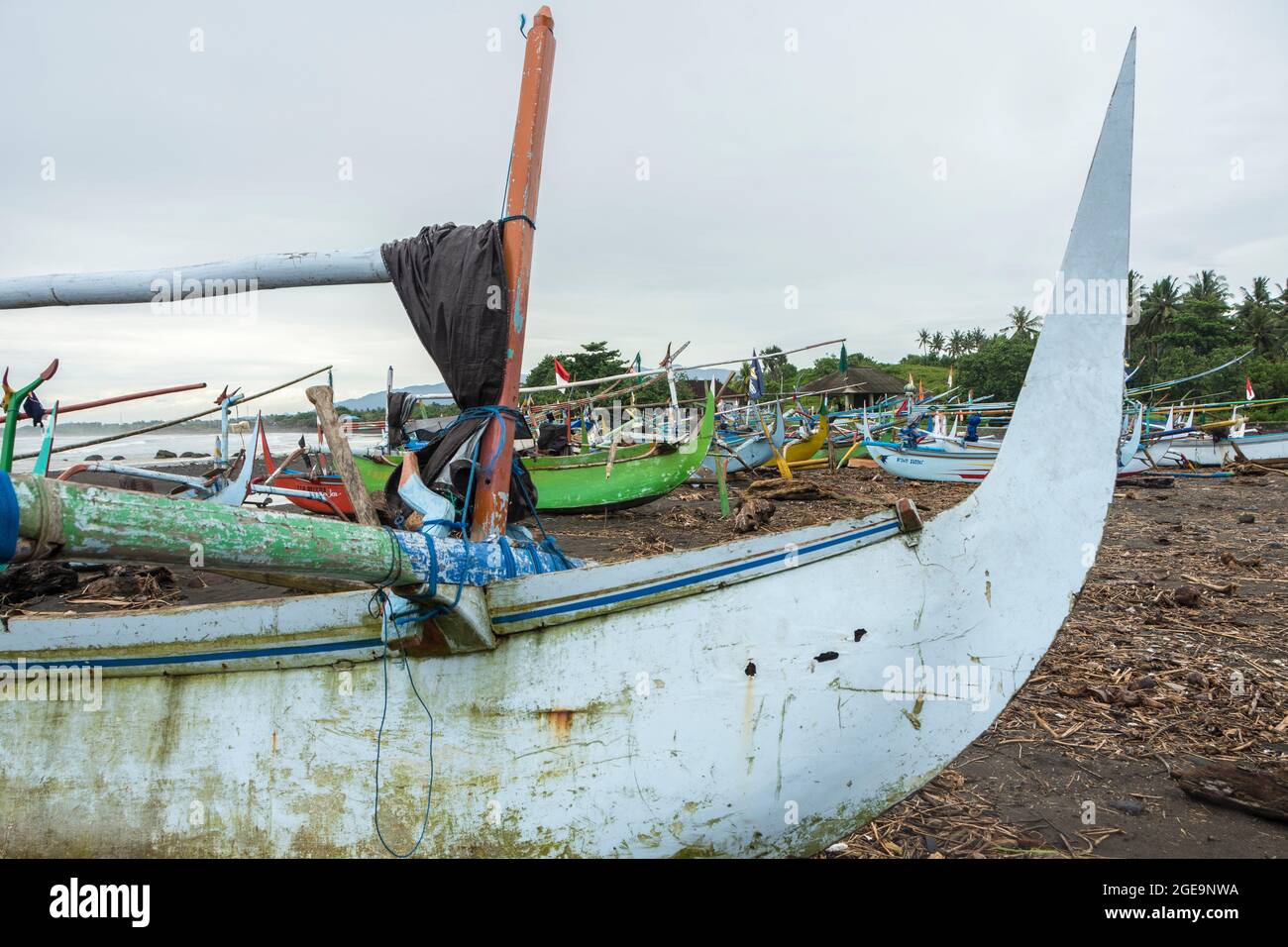 Outrigger barche da pesca (Jukungs) ormeggiate sulla spiaggia vicino Pemuteran, costa nord-occidentale di Bali, Indonesia. Foto Stock