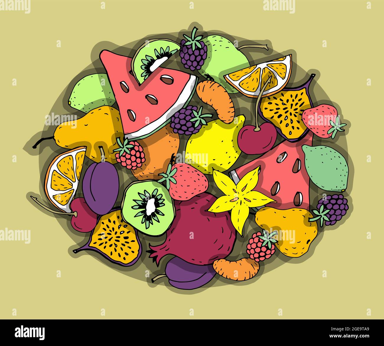 Frutta esotica composizione ovale. Cartoon disegno a mano di schizzo colorato. Sana dieta vegan razione di mercato. Kiwi pera fragola fichi vettore Illustrazione Vettoriale