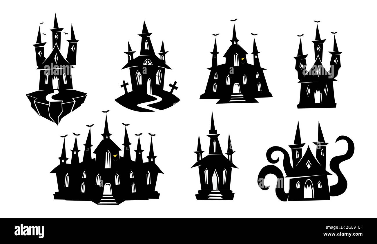 Silhouette di casa infestata, residenza fantasma, castello. Silhouette nere di Halloween creepy mansions set. Serie vettoriale di silhouette nere di Halloween c Illustrazione Vettoriale