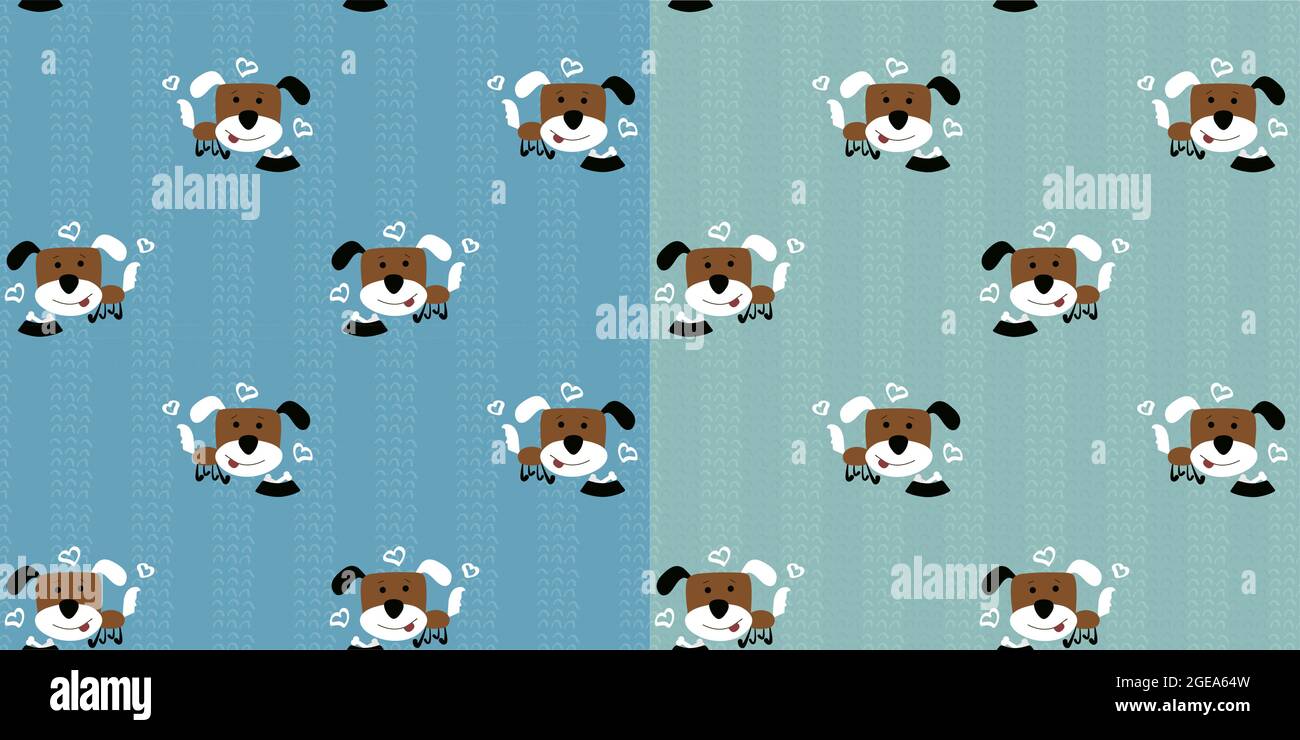 Divertenti cuccioli marroni con orecchie multicolore. Cani carini e un piatto con ossa su sfondo turchese. Modello senza fine. Illustrazione vettoriale dei riquadri Illustrazione Vettoriale