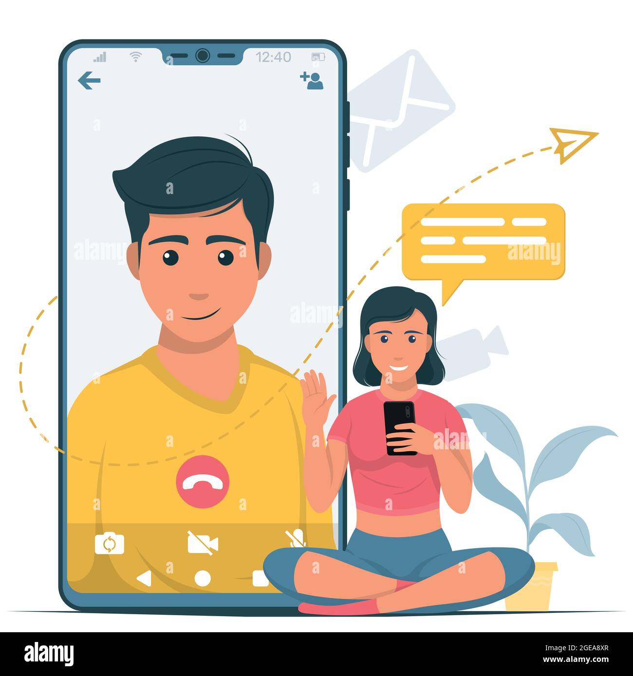 Disegno vettoriale di Donna con cellulare fare una videochiamata ad un amico. Due amici parlano con l'app per videochiamate Illustrazione Vettoriale