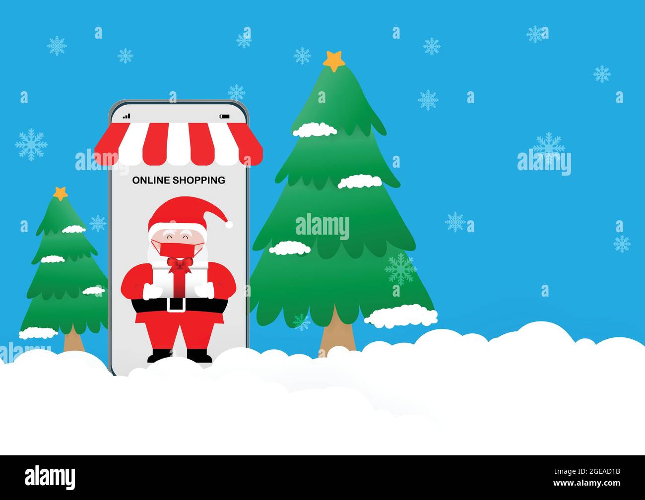 Concetti di shopping online di Natale in covid-19 pandemic. Babbo Natale che tiene il regalo di Natale in smartphone su pino, fondo nevoso, Illustrazione Vettoriale