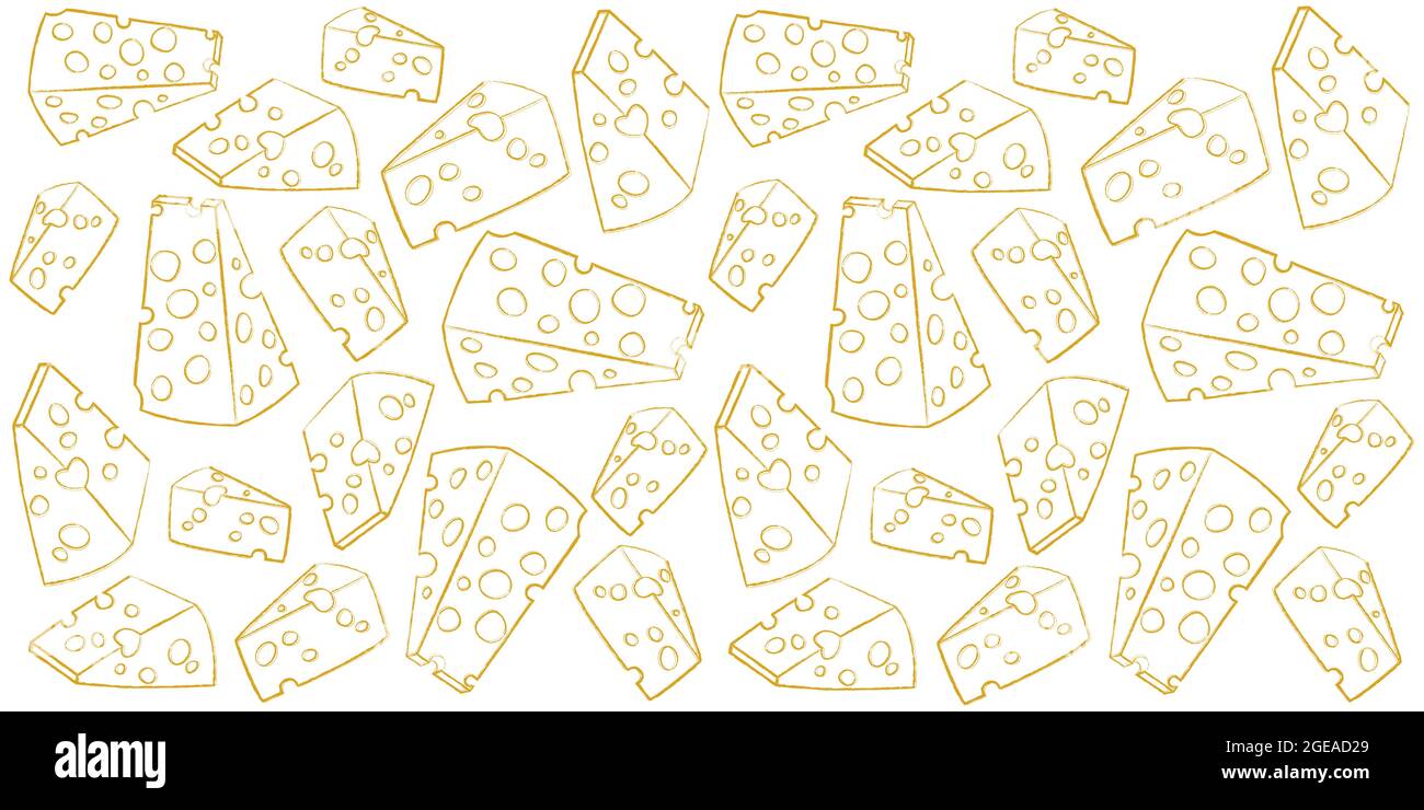 Trendy Yellow Vector diversi tipi di formaggio raccolta sfondo. Modello per la progettazione di banner gorisontali. Pezzo di formaggio delizioso. Stile inciso Illustrazione Vettoriale