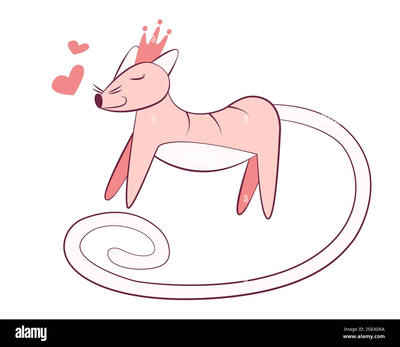 Carino gattino principessa in una corona e con una lunga coda. Vettore rosa monoromatico piatto illustrazione con gatto. Gatto divertente reale. Stampa fredda per i vestiti del bambino, Illustrazione Vettoriale