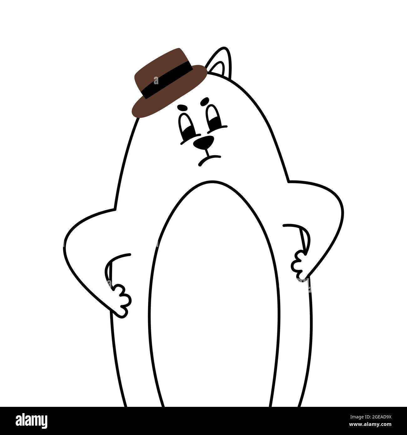 Divertente gatto papà si arrabbia. Il padre del gatto si acciglia, tenendo le mani ai suoi lati. Bel ritratto minimalista lineare comico carino di un animale domestico. Gatto adulto Illustrazione Vettoriale