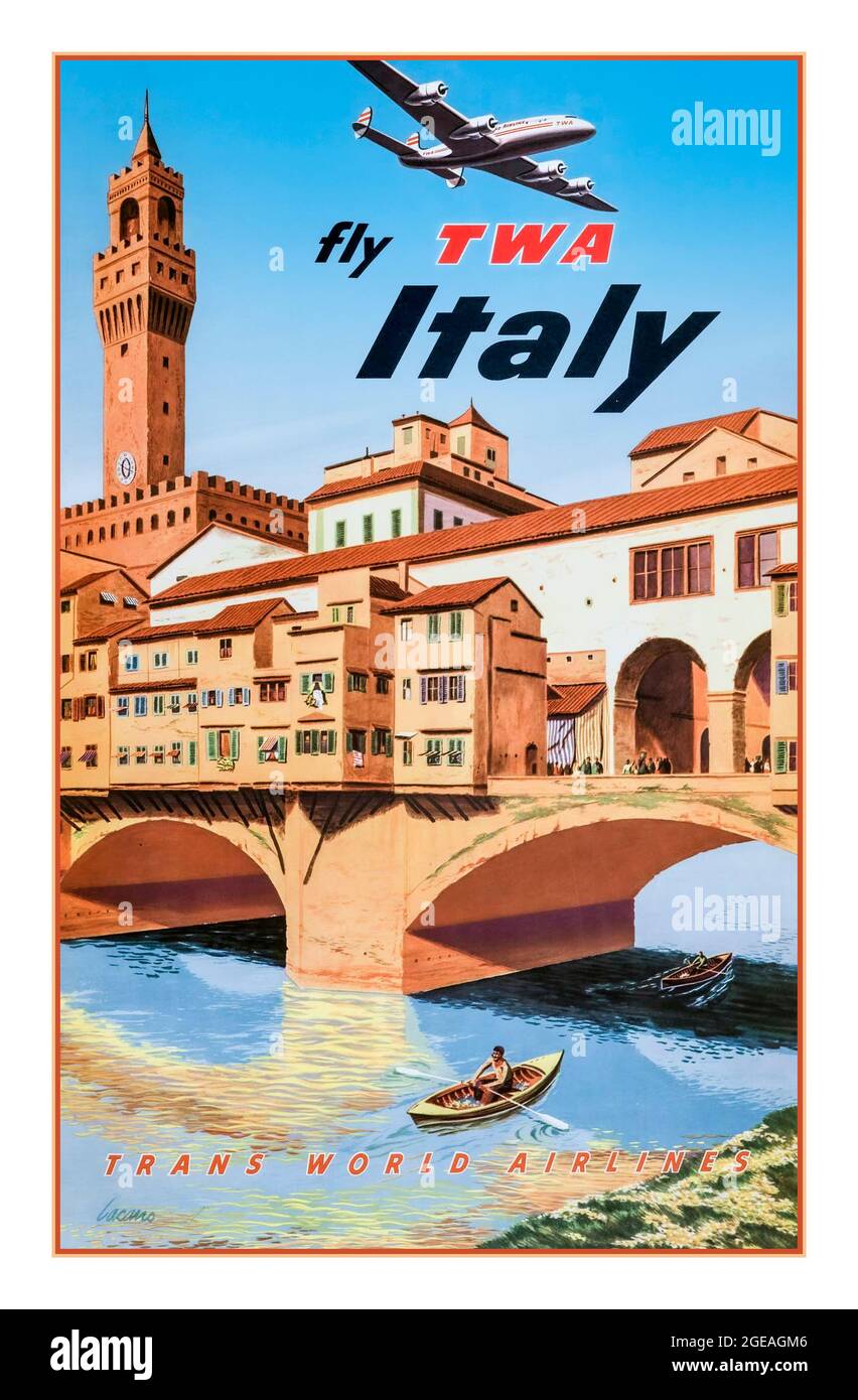 Poster TWA Tavel degli anni '50 con Firenze, il Ponte Vecchio "Fly TWA ITALY" di Lacano Florence Italy Foto Stock