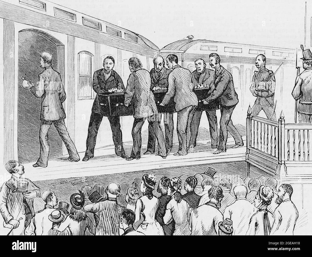 Trasferimento dei resti del presidente James Garfield alla funeraria in treno a Elberon, NJ Foto Stock