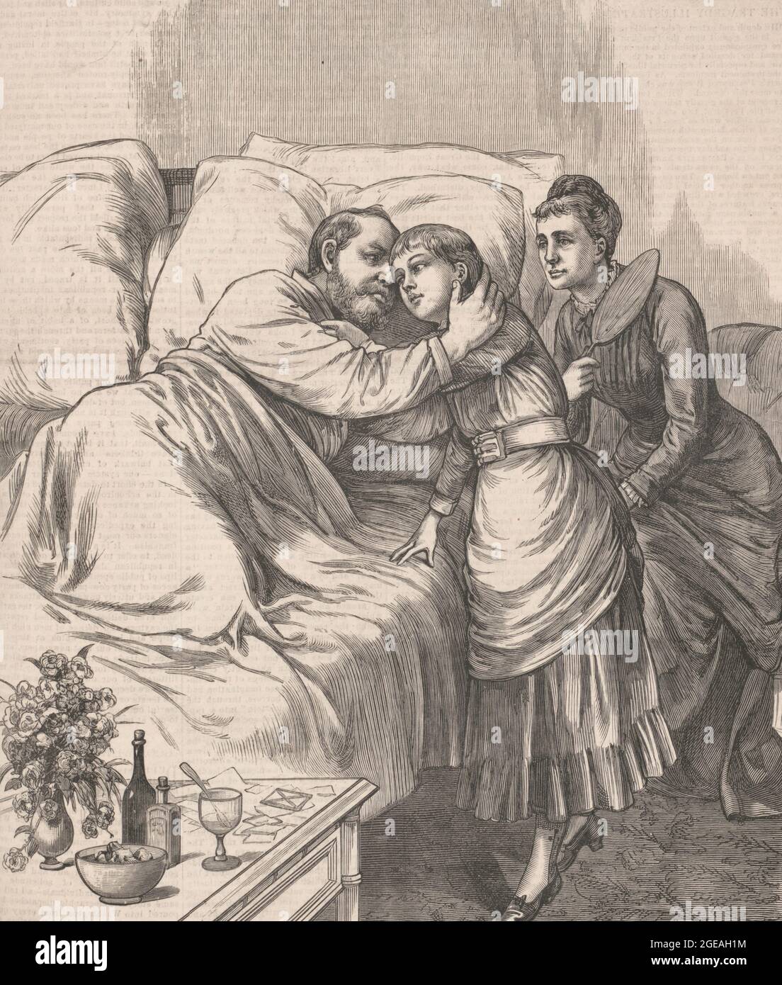 Il tentativo di assassinio del Presidente - un saluto mattutino da parte della moglie e della figlia del Presidente - Stampa mostra il Presidente Garfield, dopo il tentativo di assassinio, che si trova a letto durante la visita della moglie e della figlia - 23 luglio 1881 Foto Stock