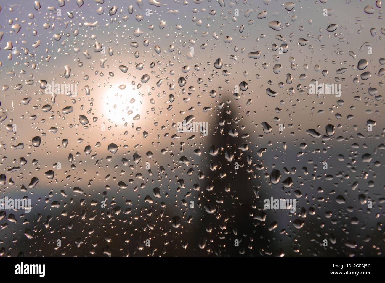 Vista dalla finestra dall'interno. Il vetro della finestra è coperto da gocce d'acqua derivanti dalla pioggia che cade dall'esterno. Il paesaggio è indistinto, Foto Stock