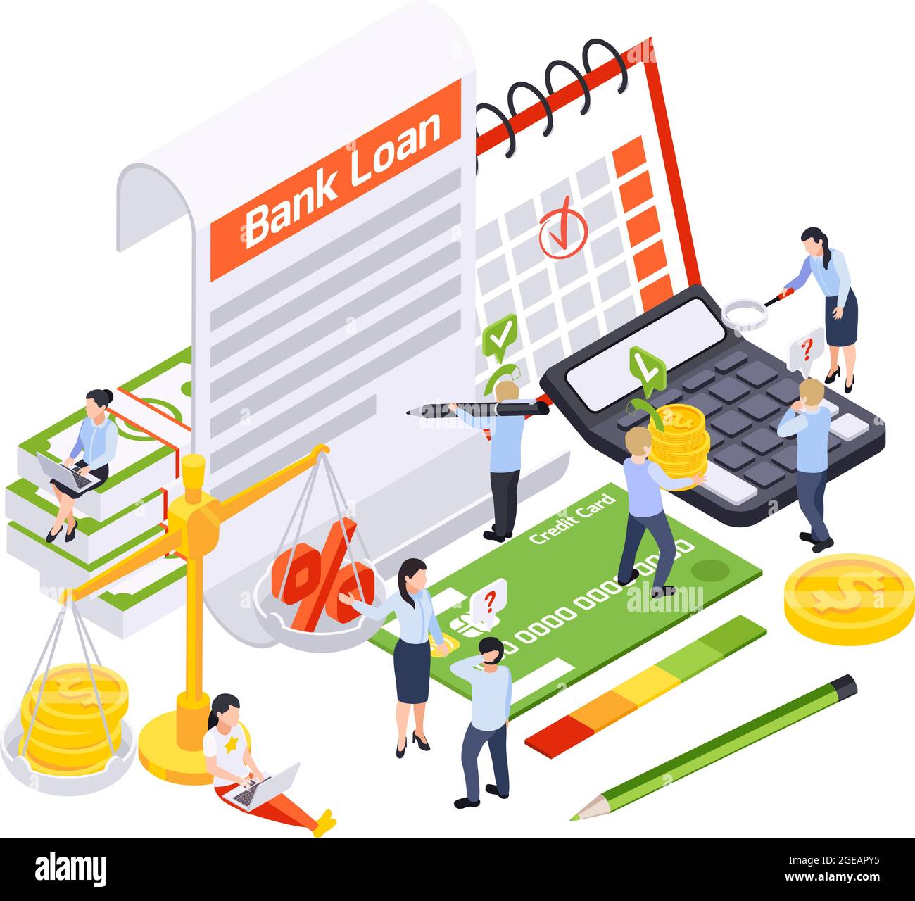Composizione isometrica del prestito bancario con icone di contratto e carta di credito con articoli di cancelleria e illustrazione del vettore della gente Illustrazione Vettoriale