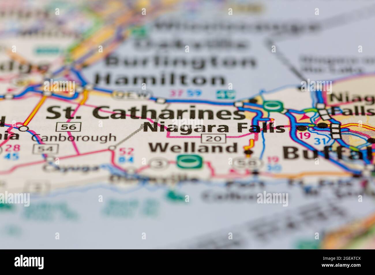 Cascate del Niagara Ontario Canada mostrate su una mappa stradale o mappa geografica Foto Stock