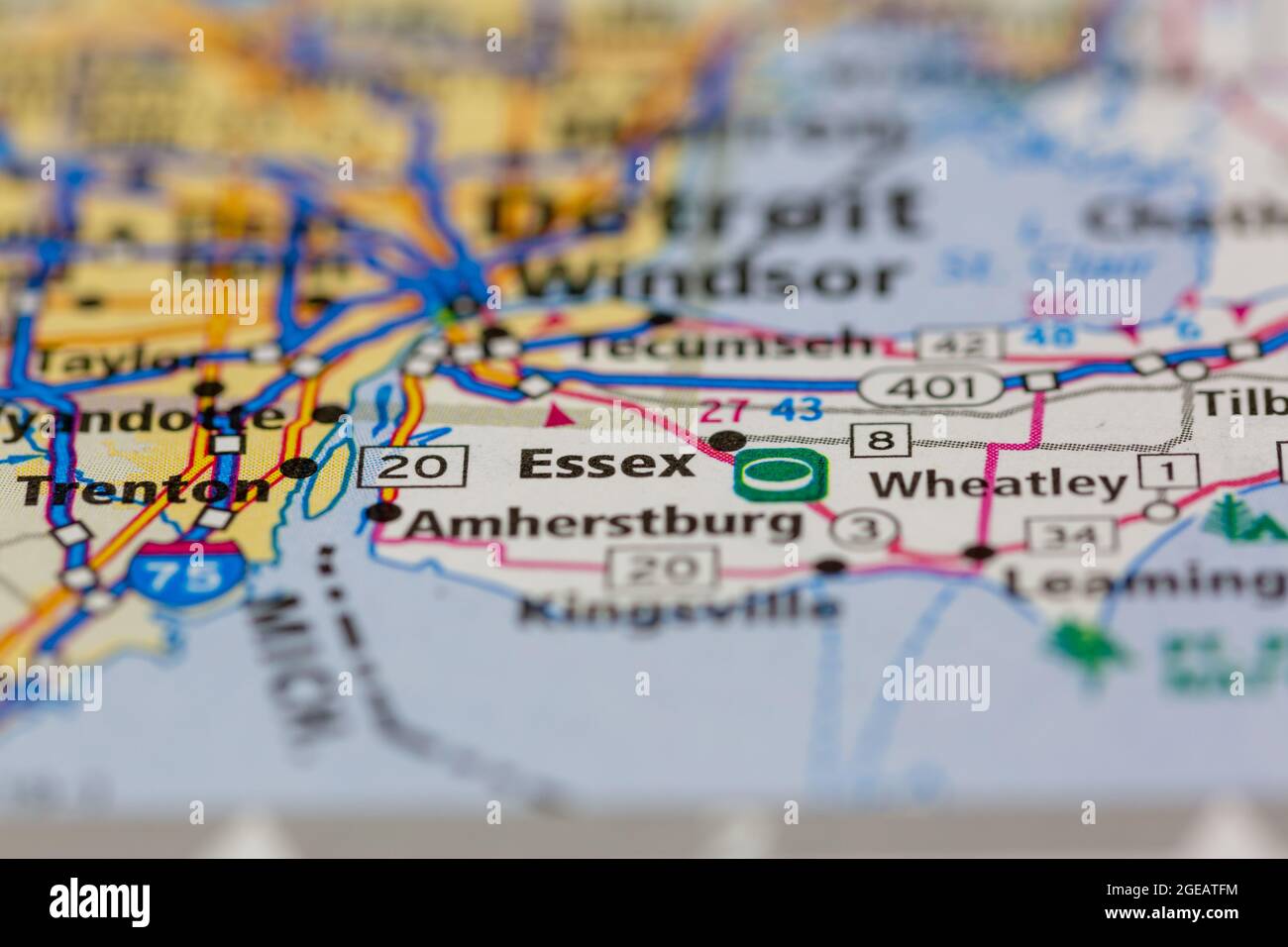 Essex Ontario Canada mostrato su una mappa stradale o mappa geografica Foto Stock