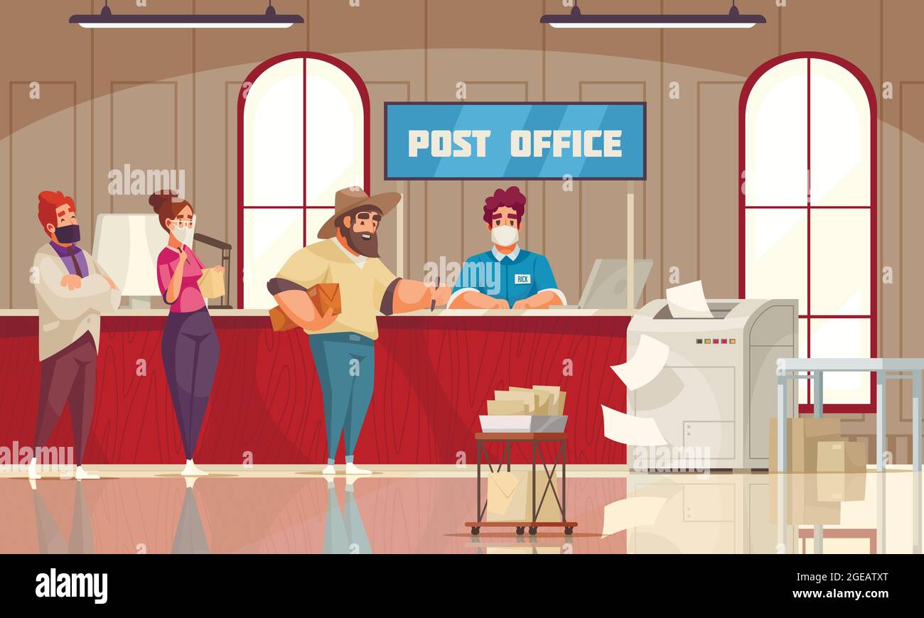 Ufficio postale interno cartoon composizione clienti coda in attesa di  addetto al banco accettazione pagamenti lettere pacchi illustrazione  vettoriale Immagine e Vettoriale - Alamy