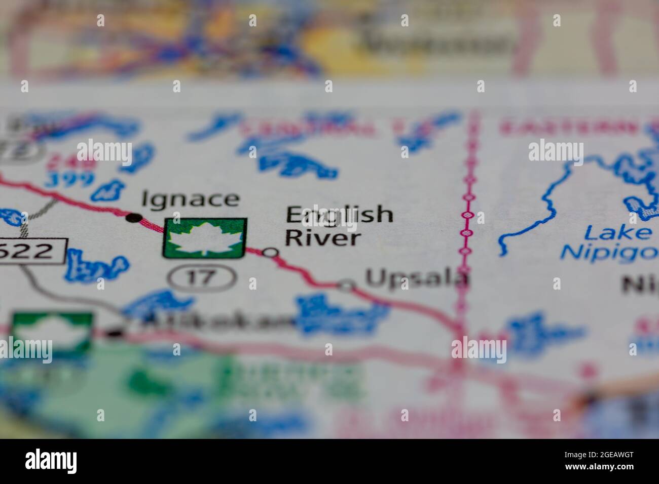 English River Ontario Canada mostrato su una mappa stradale o mappa geografica Foto Stock