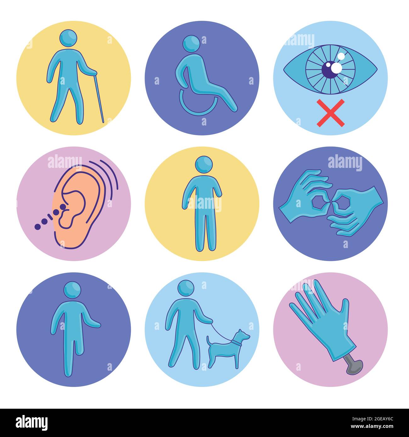 nove icone di accessibilità disabilitate Illustrazione Vettoriale