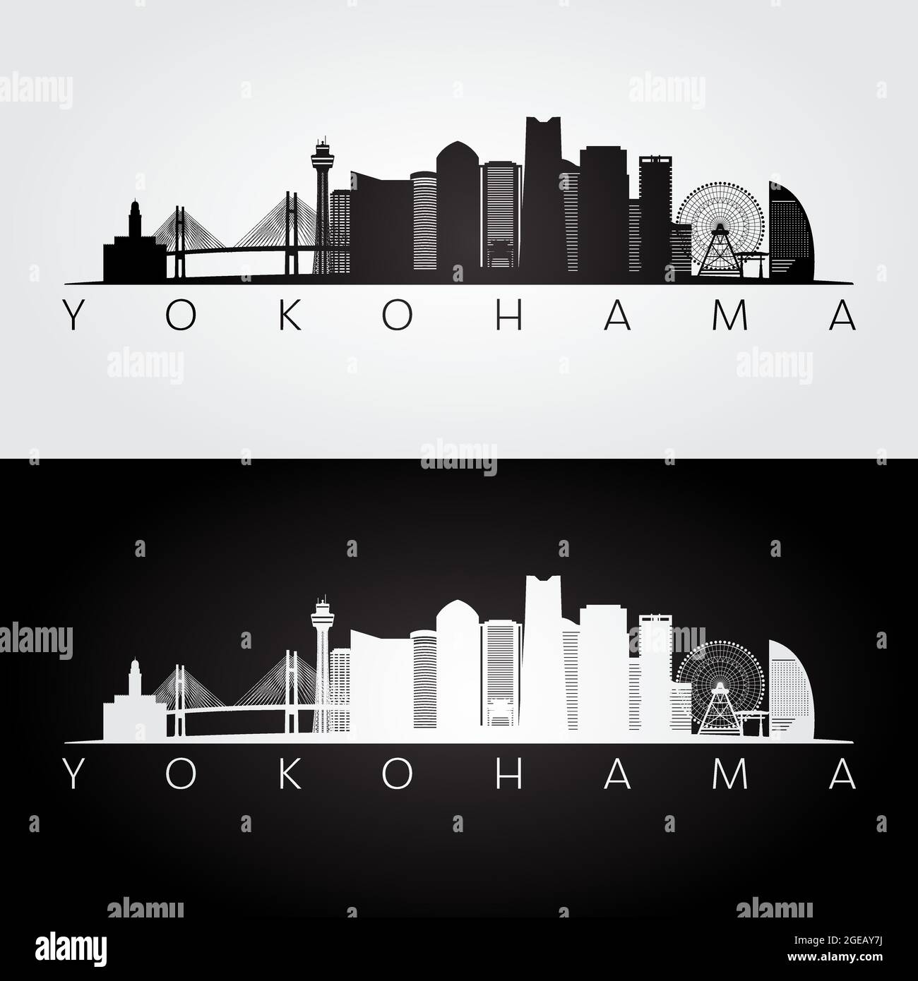 Profilo dello skyline e dei punti di riferimento di Yokohama, design in bianco e nero, illustrazione vettoriale. Illustrazione Vettoriale