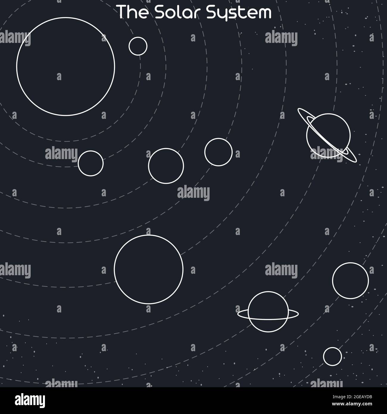 Illustrazione dei pianeti del sistema solare e delle loro orbite intorno al sole. Contorno astratto pianeti vettoriali e stelle isolate su sfondo grigio Illustrazione Vettoriale