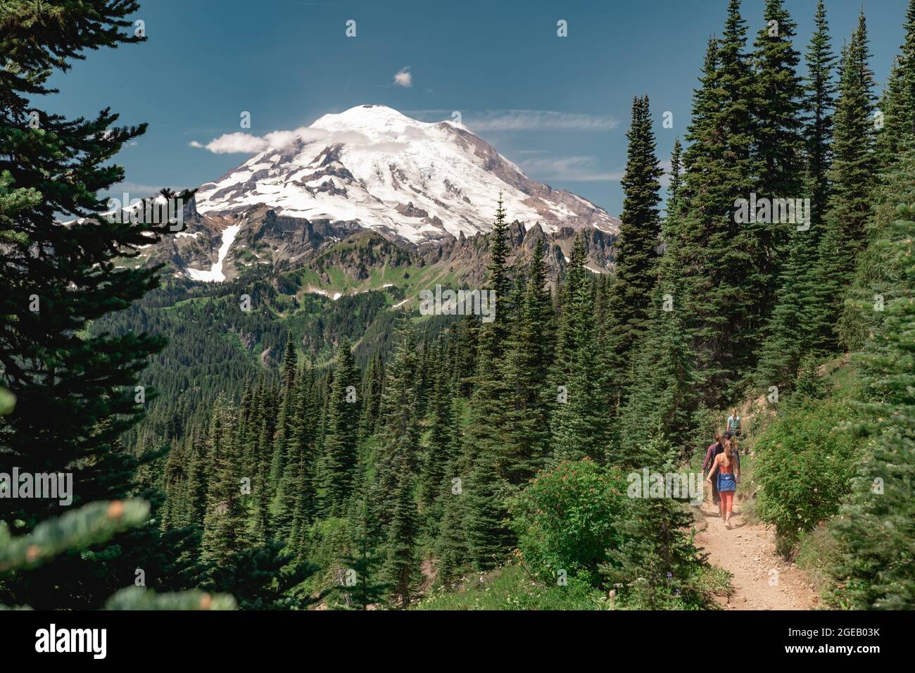 Il Monte Rainier torreggia sul Naches Peak Loop Trail nel Monte Parco nazionale di Rainier Foto Stock