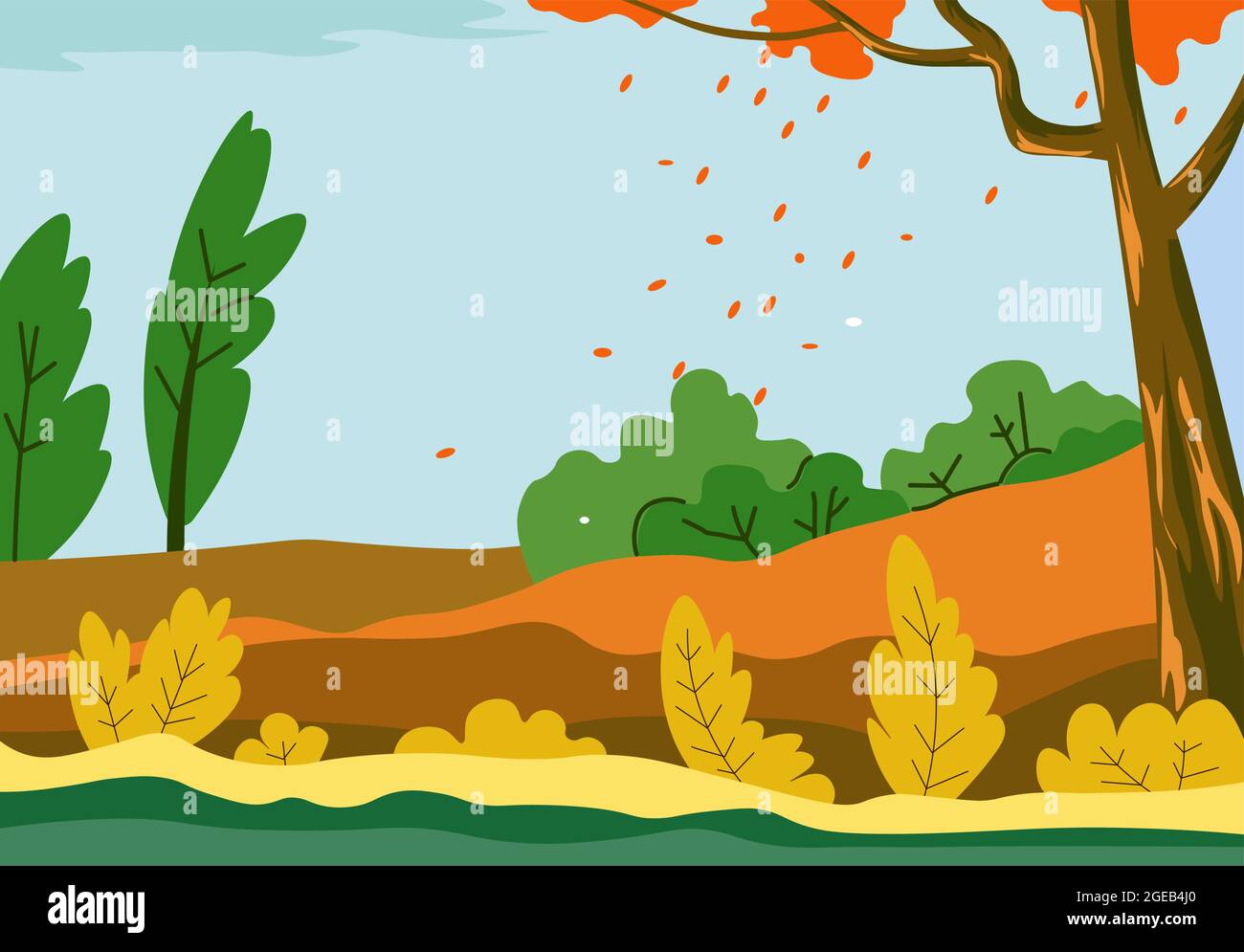 Campo paesaggio autunno con foglie di albero in caduta Illustrazione Vettoriale