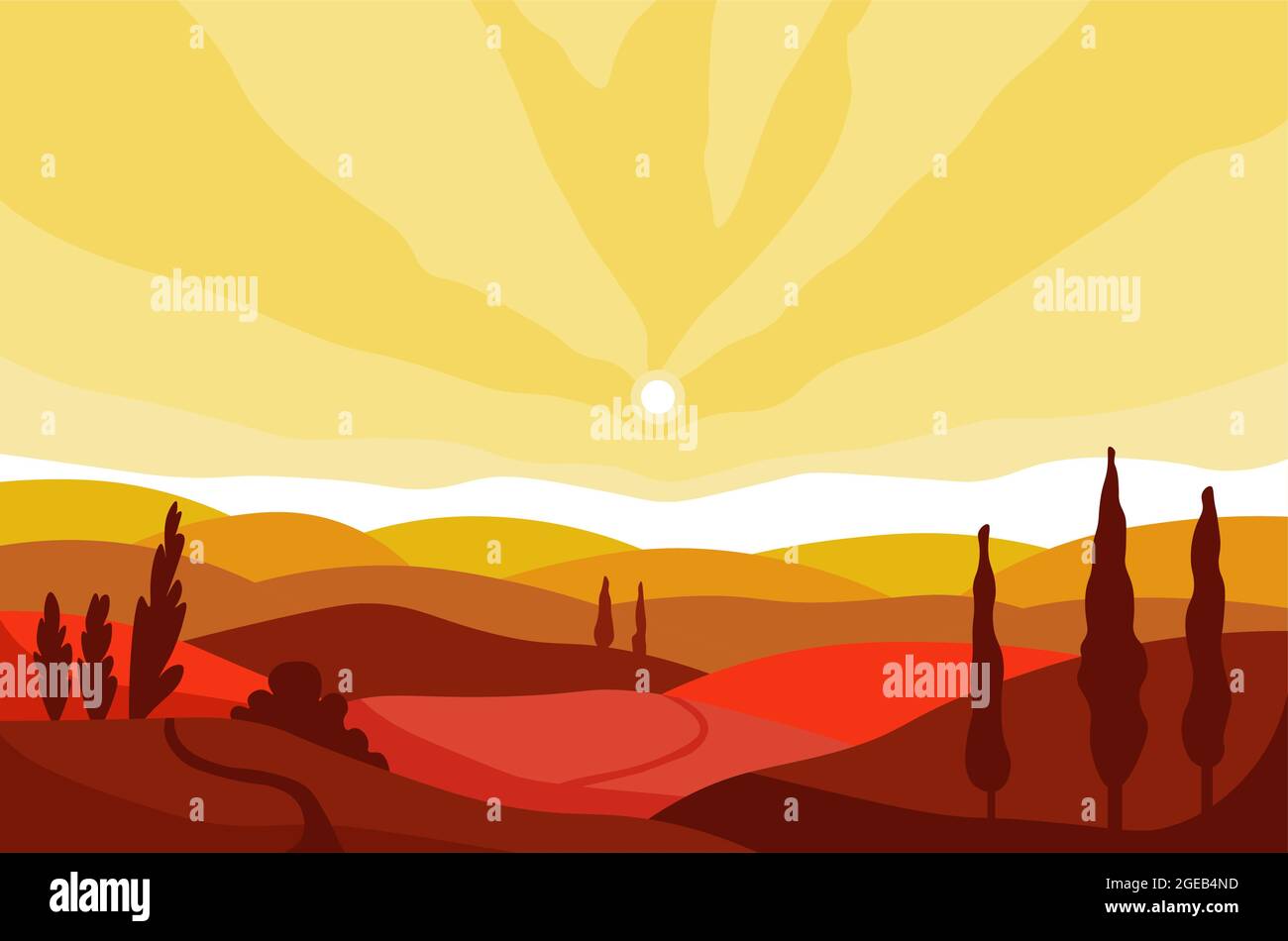 Paesaggio autunnale di valle e montagne al tramonto Illustrazione Vettoriale