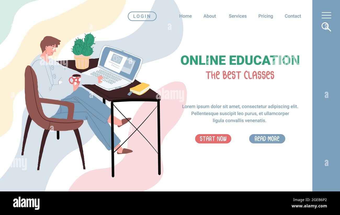 Piatto cartoon carattere prendendo corso educativo online, vettore landing page concetto Illustrazione Vettoriale