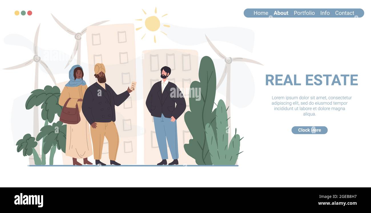 Cartoon caratteri piatti acquisto stato reale, vettore landing page design Illustrazione Vettoriale